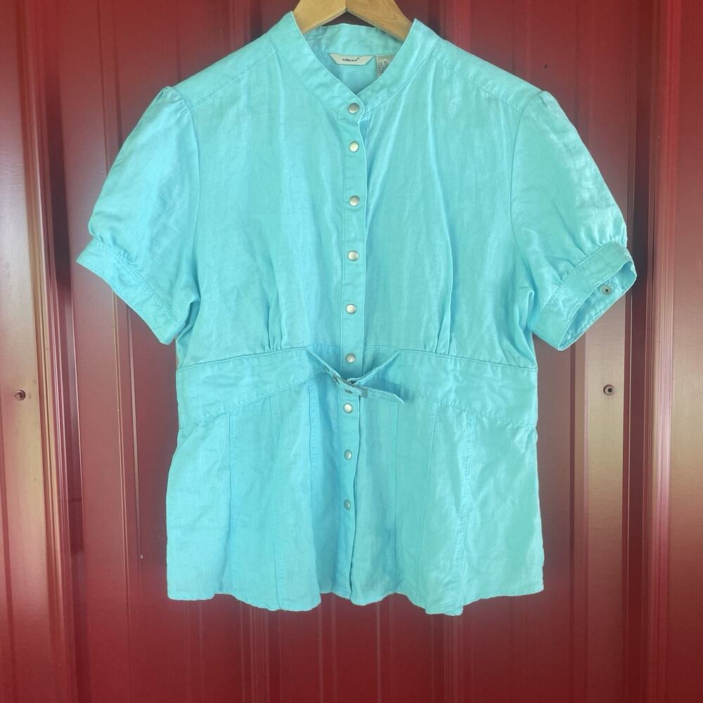 Edward Top 100% Linen Blue Women’s Button Up Short Sleeve Shirt Sz‎ XL Y2K